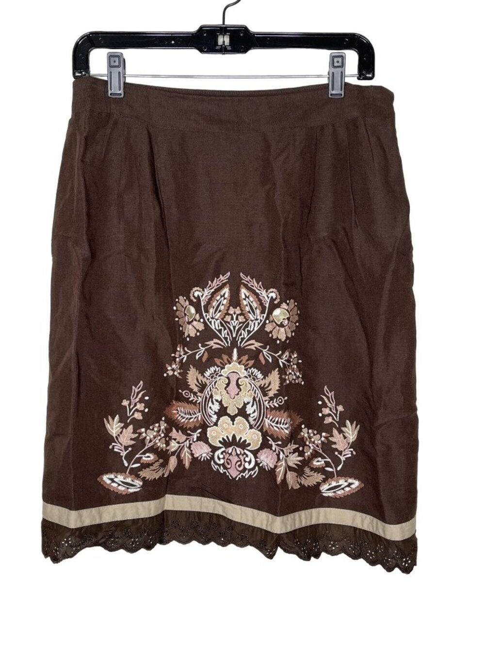 LOFT Petite Skirt Womens 10P Brown Embroidered A Line Linen Blend